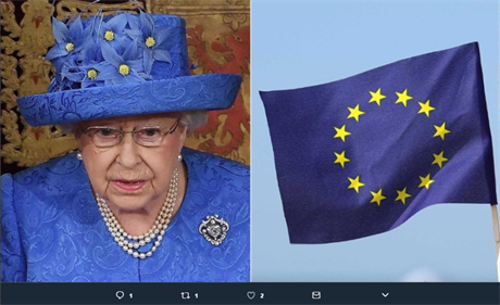 Britská královna Albta a vlajka Evropské unie.