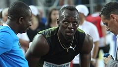 Usain Bolt v cíli stovky na Zlaté trete 2017.