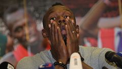 Usain Bolt na poslední tiskové konferenci ped Zlatou tretrou.