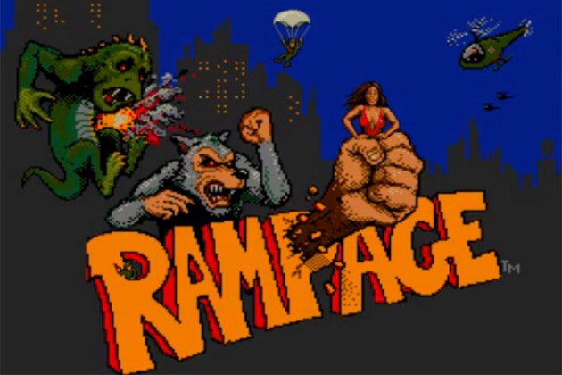 Úvodní obrazovka retro videohry Rampage (1986).