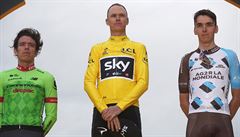 Tour de France 2017: (zleva) druhý Rigoberto Uran, vítzný Chris Froome a tetí...