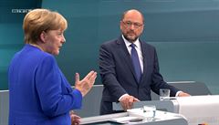 Kancléka Angela Merkelová (CDU) a její vyzyvatelem Martin Schulz (SPD).