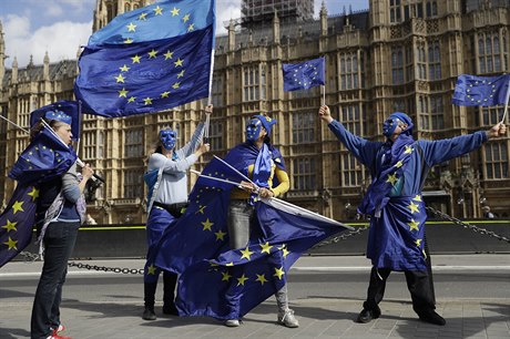 Odprci brexitu protestovali v pondlí ped budovou britského parlamentu v...