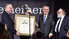 Zeman dostal v New Yorku cenu za podporu Židů a zařadil se mezi 100 vlivných osobností