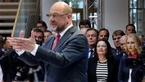 Pedseda socilnch demokrat Martin Schulz pi povolebnm proslovu.