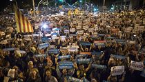 Katalnt protestujc stoj na barcelonsk hlavn td a demonstruj proti...