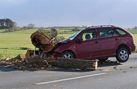 Nehoda v Zluanech, vtr shodil strom na auto.