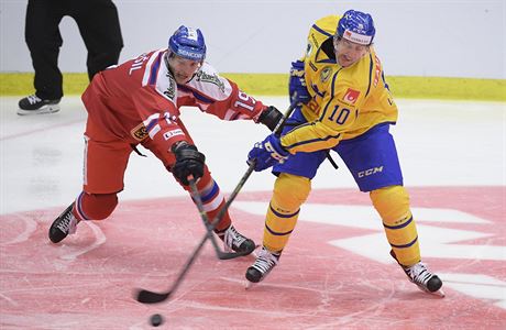védsko vs. esko, Karjala Cup: Joakim Lindström v souboji s Andrejem Nestrail.