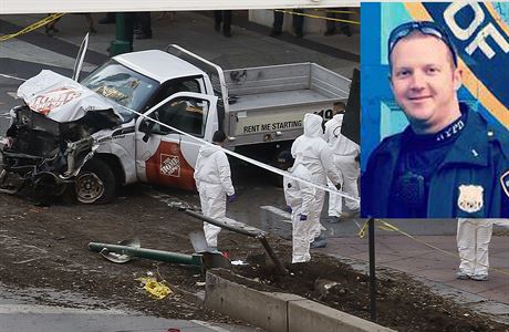 Policista Ryan Nash a pick-up, kterým Saipov zabil osm lidí.