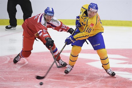 védsko vs. esko, Karjala Cup: Joakim Lindström v souboji s Andrejem Nestrail.