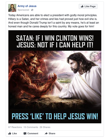 Skupina nazývaná Jeíova armáda naznaovala, e Clintonovou podporuje Satan.