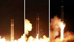 Prbh startu severokorejské balistické rakety Hwasong-15.