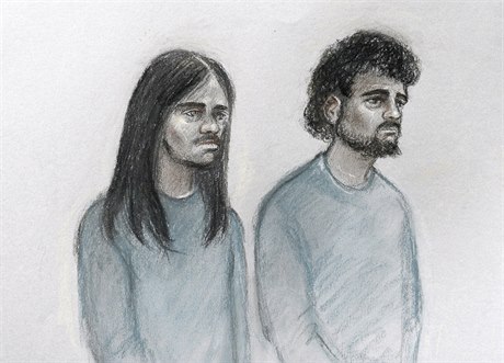 Karikatura ze soudu. Naaimur Zakariyah Rahman (vlevo) a Mohammed Aqib Imran (vpravo).