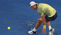 Tomáš Berdych ve čtvrtfinále Australian Open proti Rogeru Federerovi.