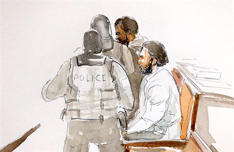 Kresba, na kter je vyobrazen Salah Abdeslam v soudn sni.