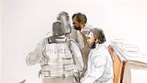 Kresba, na které je vyobrazen Salah Abdeslam v soudní síni.