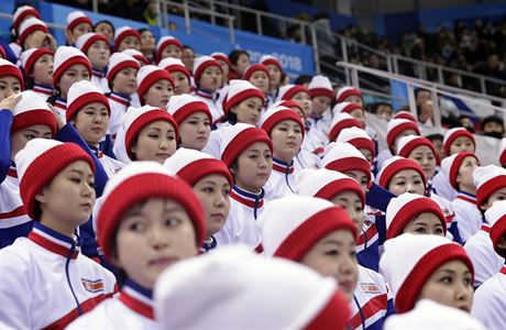 Severokorejské fanynky na olympijském hokeji.