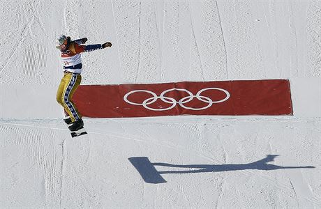 Eva Samkova, of the Czech Republic, jumps during the women's snowboard...