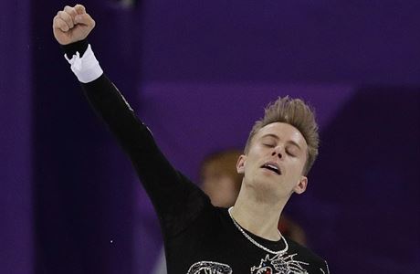 Michal Brezina of the Czech Republic reacts after his performance in the men's...