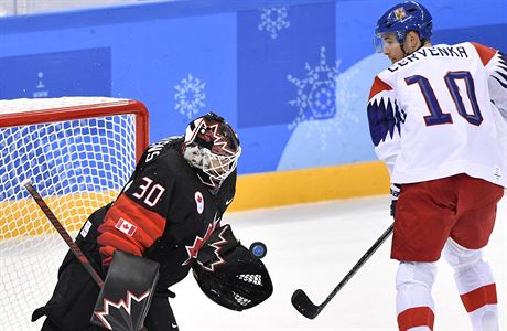 Gól eského reprezentanta Romana ervenky. Vlevo kanadský branká Ben Scrivens.