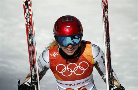 Czech Republic's Ester Ledecka smiles after competing in the women's super-G at...