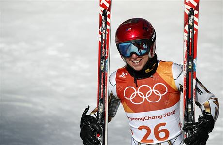 Czech Republic's Ester Ledecka smiles after competing in the women's super-G at...