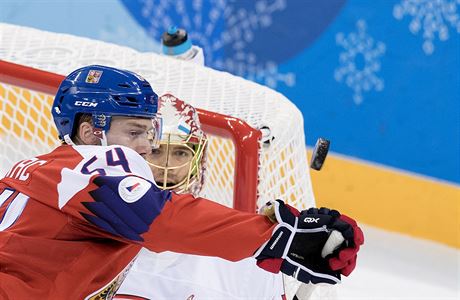 Ji Sek a vcarsk brank Jonas Hiller sleduj puk.