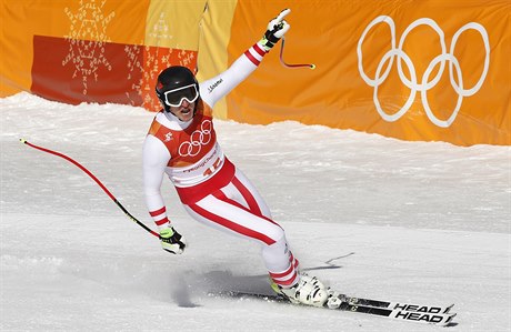 Austria's Matthias Mayer celebrates after finishing the men's super-G at the...