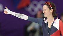 Martina Sáblíková slaví stříbro na 5000 metrů na ZOH 2018.