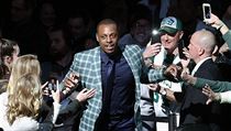 Former Boston Celtics Paul Pierce comes onto the court during a ceremony to...