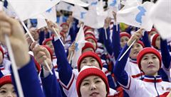 Severokorejské fanynky na olympijském hokeji.