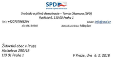 Tento dopis zaslal Tomio Okamura idovské obci v Praze.