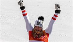 Katharina Gallhuber, of Austria, celebrates her bronze medal during the venue...