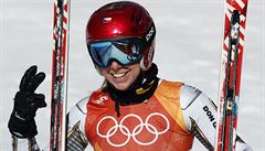 Czech Republic's Ester Ledecka smiles after competing in the women's super-G at...