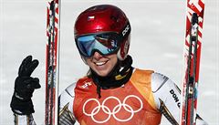 Czech Republic's Ester Ledecka reacts after competing in the women's super-G at...
