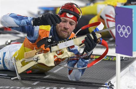 Jaroslav Soukup na svém úseku mu�ské biatlonové �tafety na ZOH 2018.