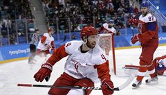 Ruský hokejista Vladislav Gavrikov (4) se jede radovat po druhém gólu v eské...