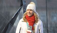 Dvojnásobná zlatá medailistka Ester Ledecká vystoupila 26. února 2018 na...