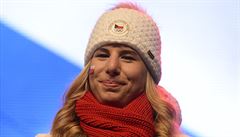 Dvojnásobná zlatá medailistka Ester Ledecká vystoupila 26. února 2018 na...