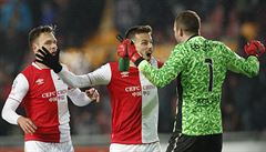 21. kolo první fotbalové ligy Sparta vs. Slavia. Hostující radost po vyrovnání...