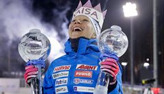 Finská biatlonistka Kaisa Mäkäräinenová slaví triumf ve Svtovém poháru 2017/18.