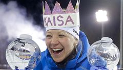 Finská biatlonistka Kaisa Mäkäräinenová slaví triumf ve Svtovém poháru 2017/18.