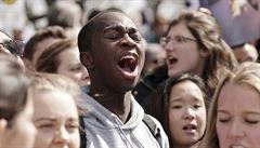 Daniel Akomolafe, 16, chants during a March For Our Lives protest through the...