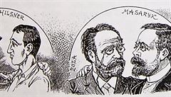 Dobová karikatura srovnávající protagonisty hilsneriády a Dreyfusovy aféry.