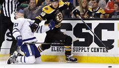 David Pastrák s pukem bhem zápasu Bostron Bruins a Toronto Maple Leafs.