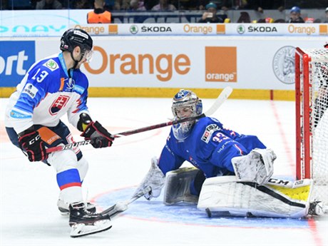 Slovenský hokejista Martin Bako ped francouzským brankáem Florianem Hardym.