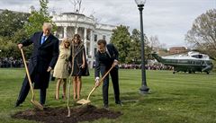 Donald Trump a Emmanuel Macron spolen zasadili strom na zahrad Bílého domu....