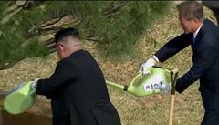 Severokorejský vdce a jihokorejský prezident zalévají spolen zasazenou...
