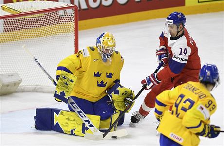 Tom Plekanec ped vdskou brankou s Magnusem Hellbergem.