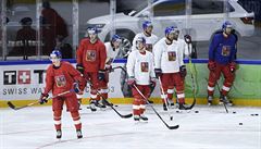Trénink eské hokejové reprezentace na mistrovství svta